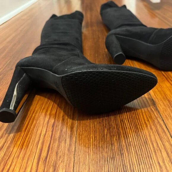 Stuart Weitzman Black Suede Gold Heel Accent Pull-on Boots, 9M - Picture 5 of 13